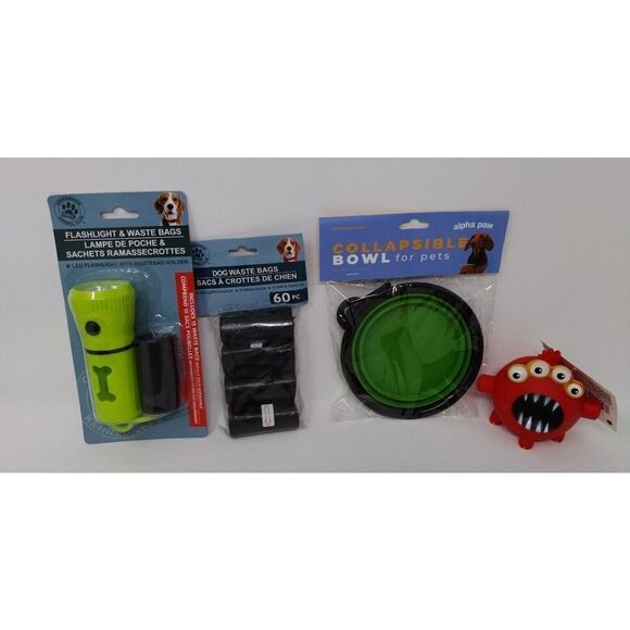 Dog Accessories Set 4 Item Lot Includes Portable Bowl, Flashlight, Poo Bags, Toy - Picture 1 of 5